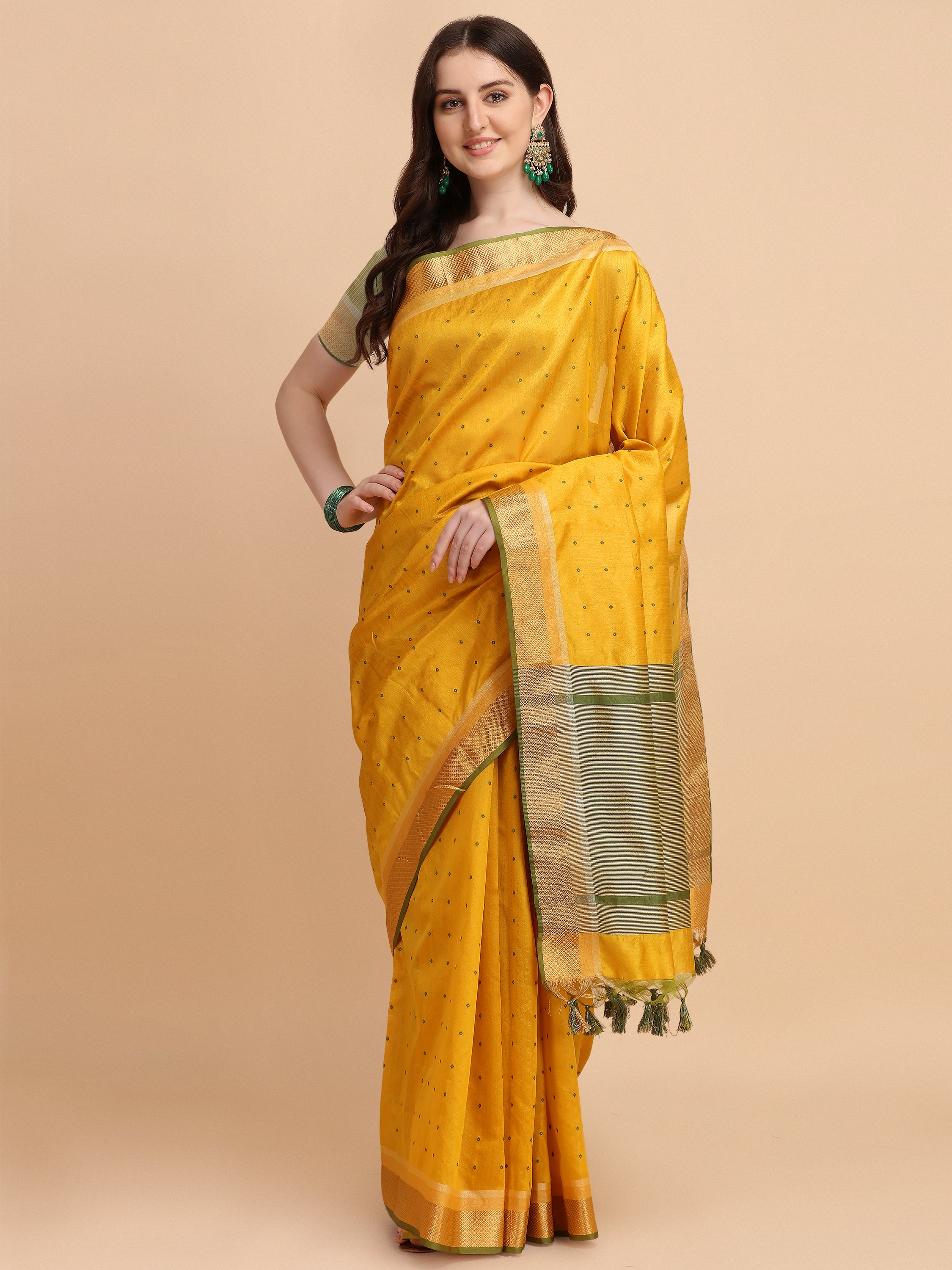 Women's Yellow Tussar Silk Butti & Zari Woven Saree With Blouse  (Saree Blouse Without stitch) - Aastha Fashion