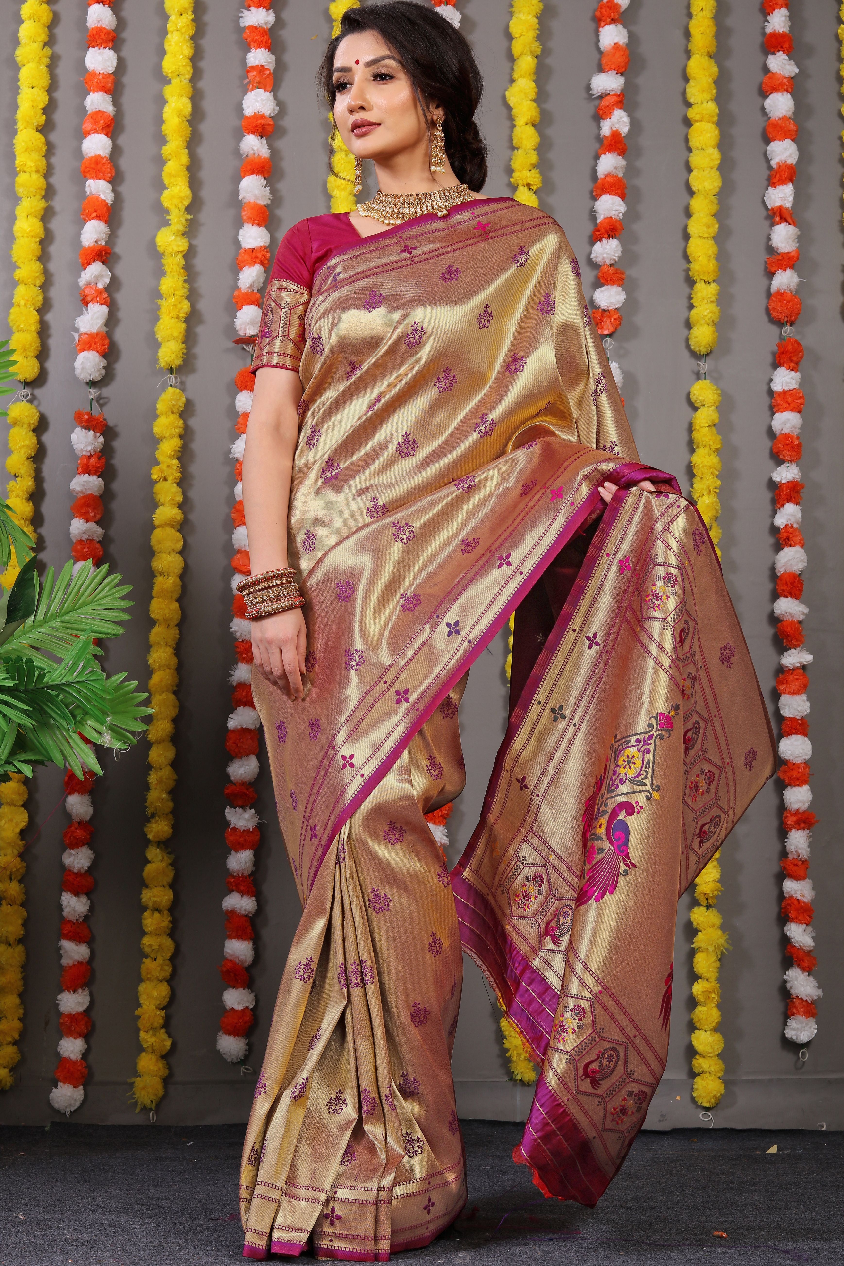 Women's Wine Paithani Silk Zari Woven Saree With Blouse  (Saree Blouse Without stitch) - Aastha Fashion