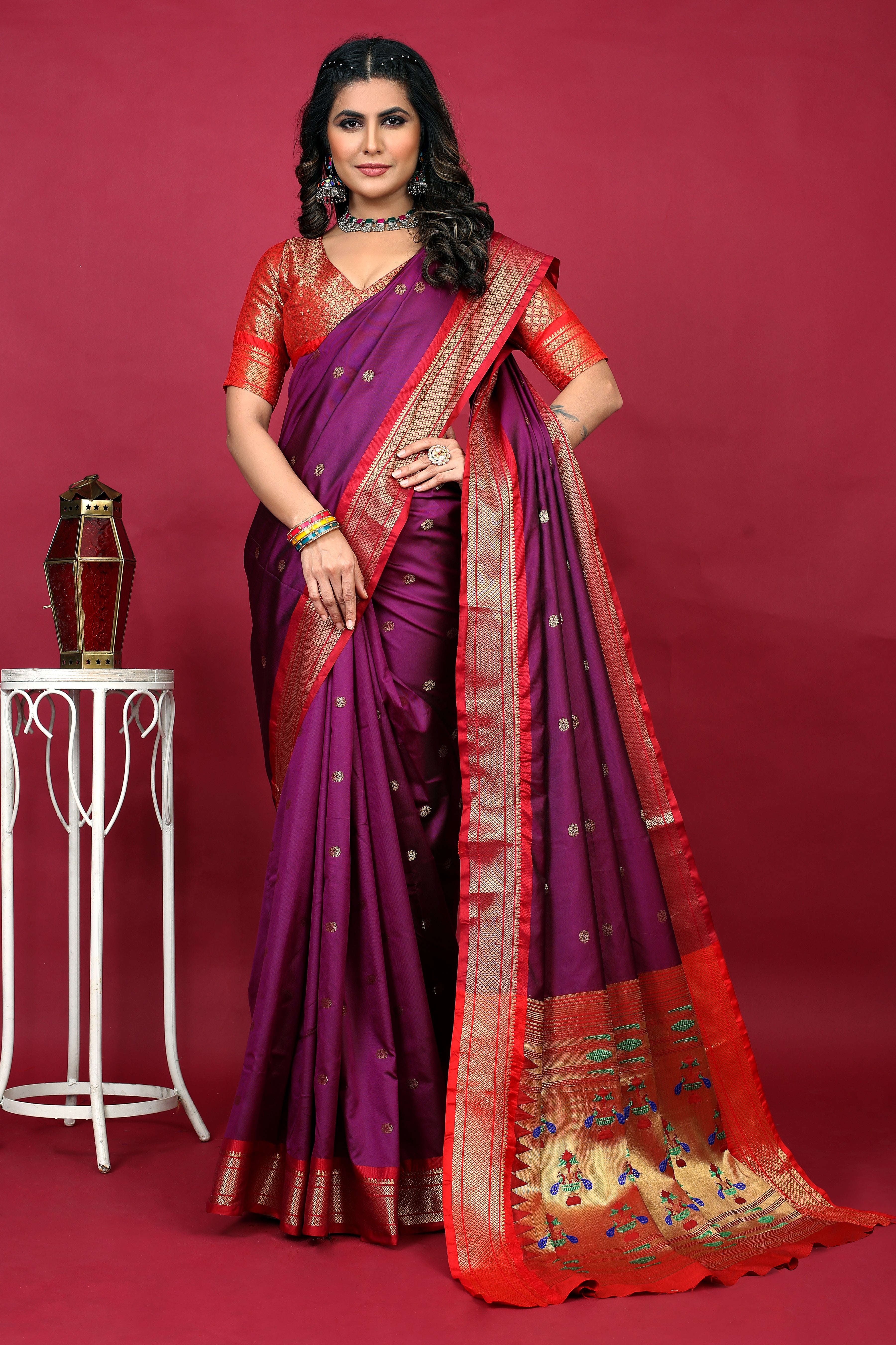 Women's Purple Paithani Silk Zari Woven Saree With Blouse  (Saree Blouse Without stitch) - Aastha Fashion
