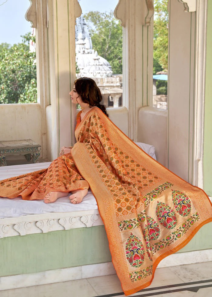 Women's Orange Paithani Silk Bandhani Woven Saree With Blouse  (Saree Blouse Without stitch) - Aastha Fashion
