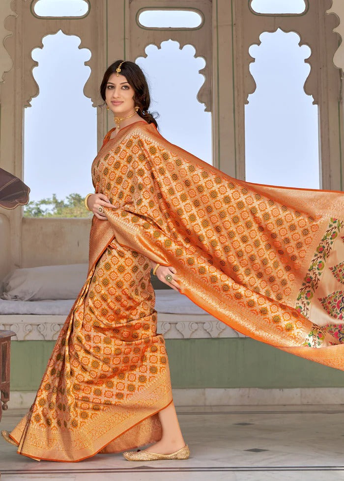 Women's Orange Paithani Silk Bandhani Woven Saree With Blouse  (Saree Blouse Without stitch) - Aastha Fashion