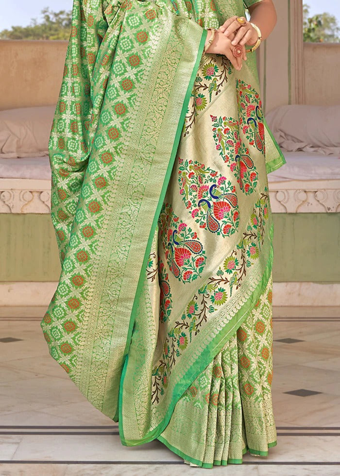 Women's Sea Green Paithani Silk Bandhani Woven Saree With Blouse  (Saree Blouse Without stitch) - Aastha Fashion