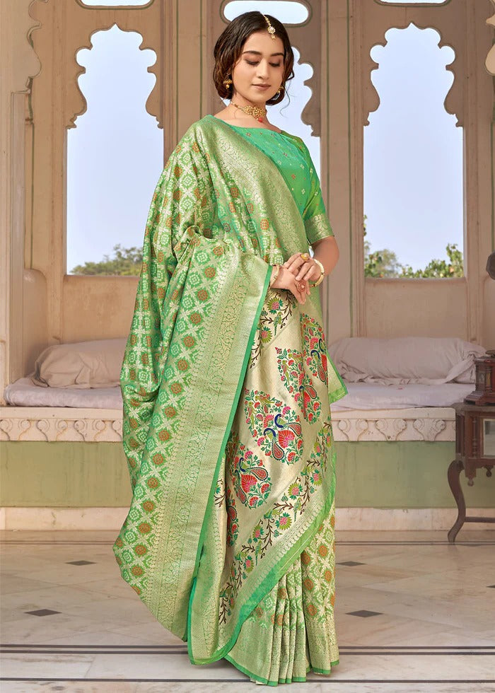 Women's Sea Green Paithani Silk Bandhani Woven Saree With Blouse  (Saree Blouse Without stitch) - Aastha Fashion