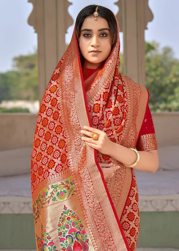 Women's Red Paithani Silk Bandhani Woven Saree With Blouse  (Saree Blouse Without stitch) - Aastha Fashion