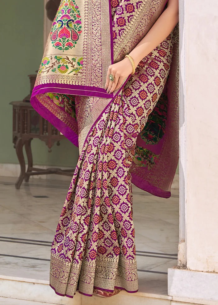 Women's Purple Paithani Silk Bandhani Woven Saree With Blouse  (Saree Blouse Without stitch) - Aastha Fashion