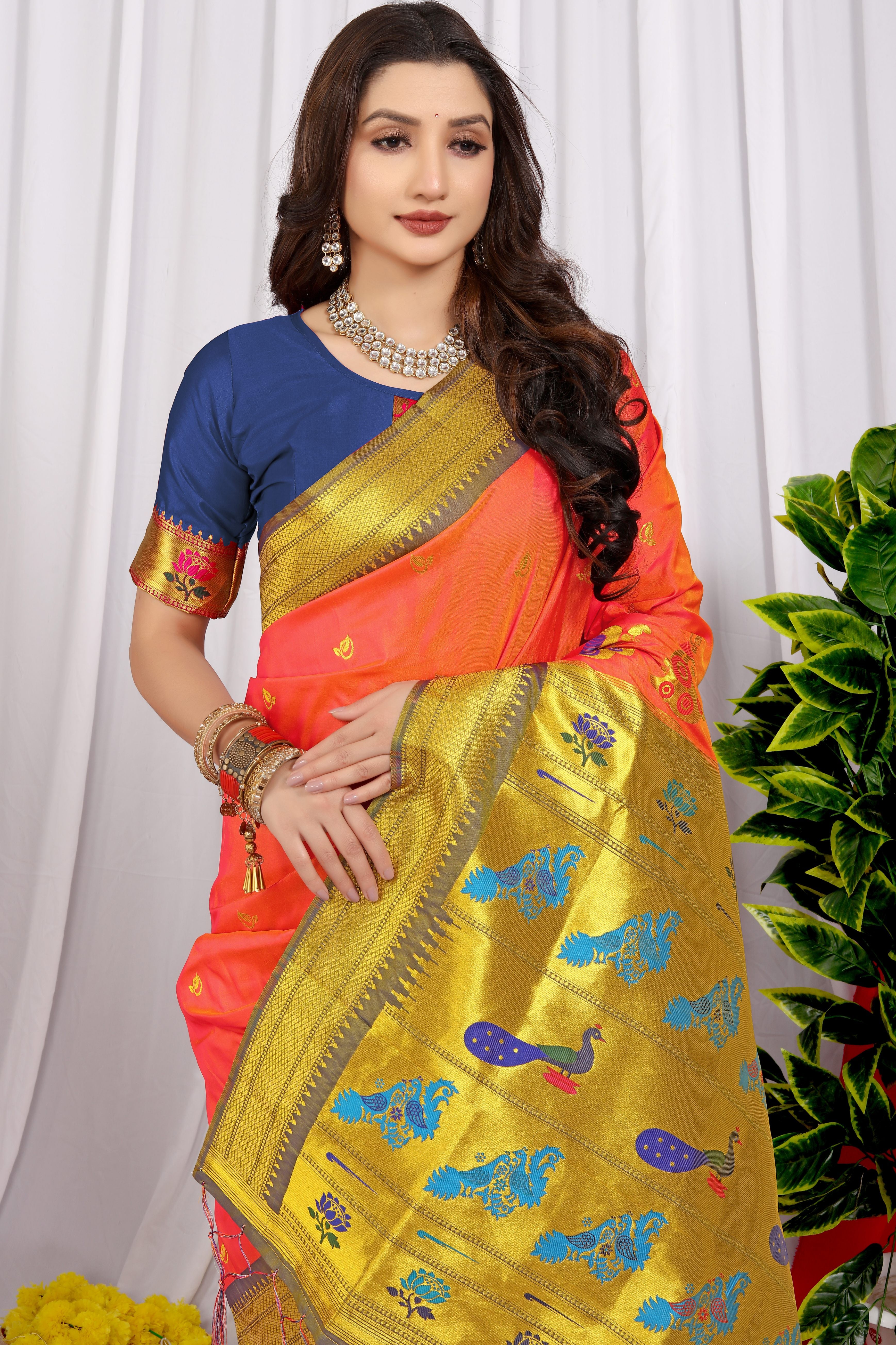Women's Orange Paithani Silk Zari Woven Saree With Blouse  (Saree Blouse Without stitch) - Aastha Fashion