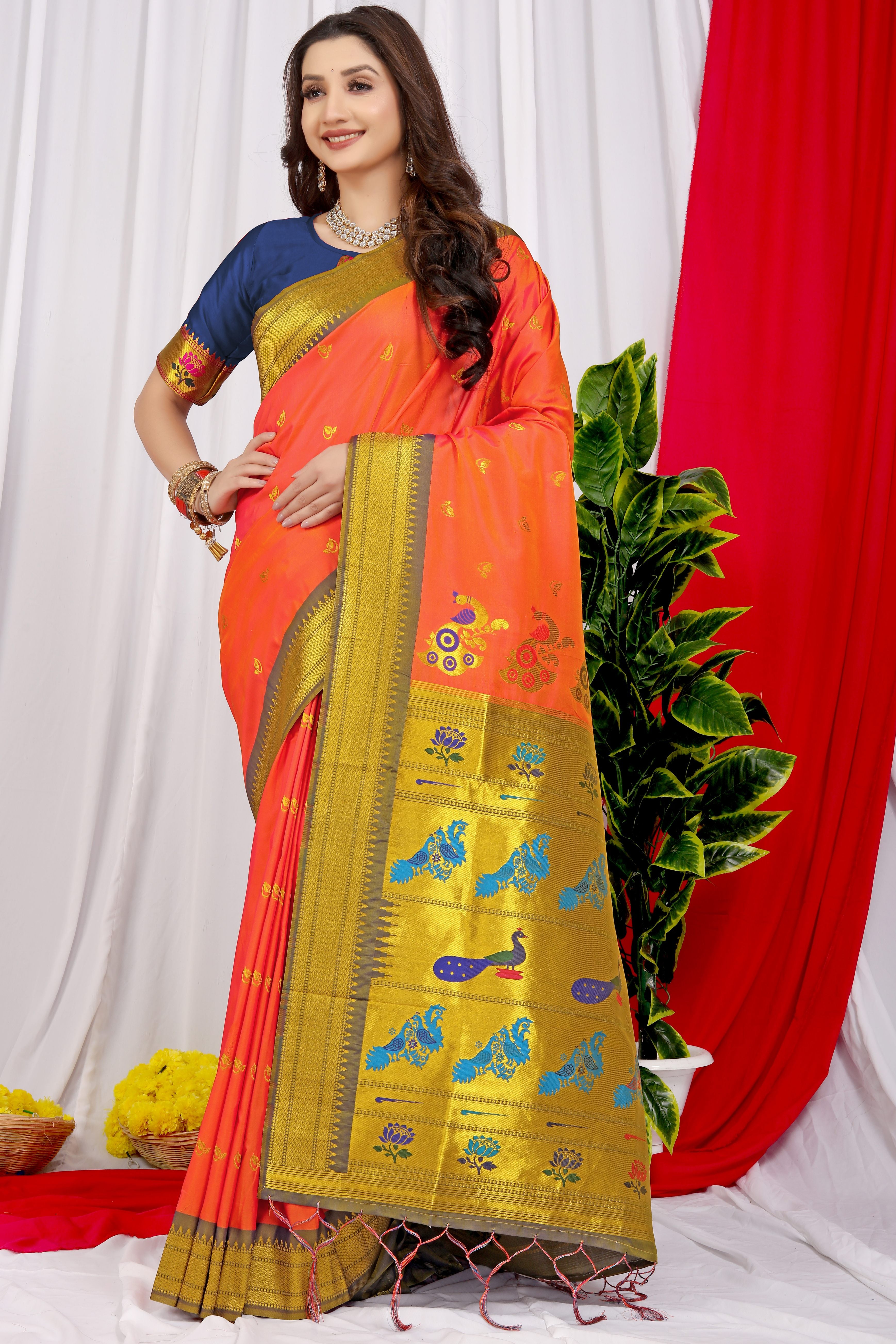 Women's Orange Paithani Silk Zari Woven Saree With Blouse  (Saree Blouse Without stitch) - Aastha Fashion