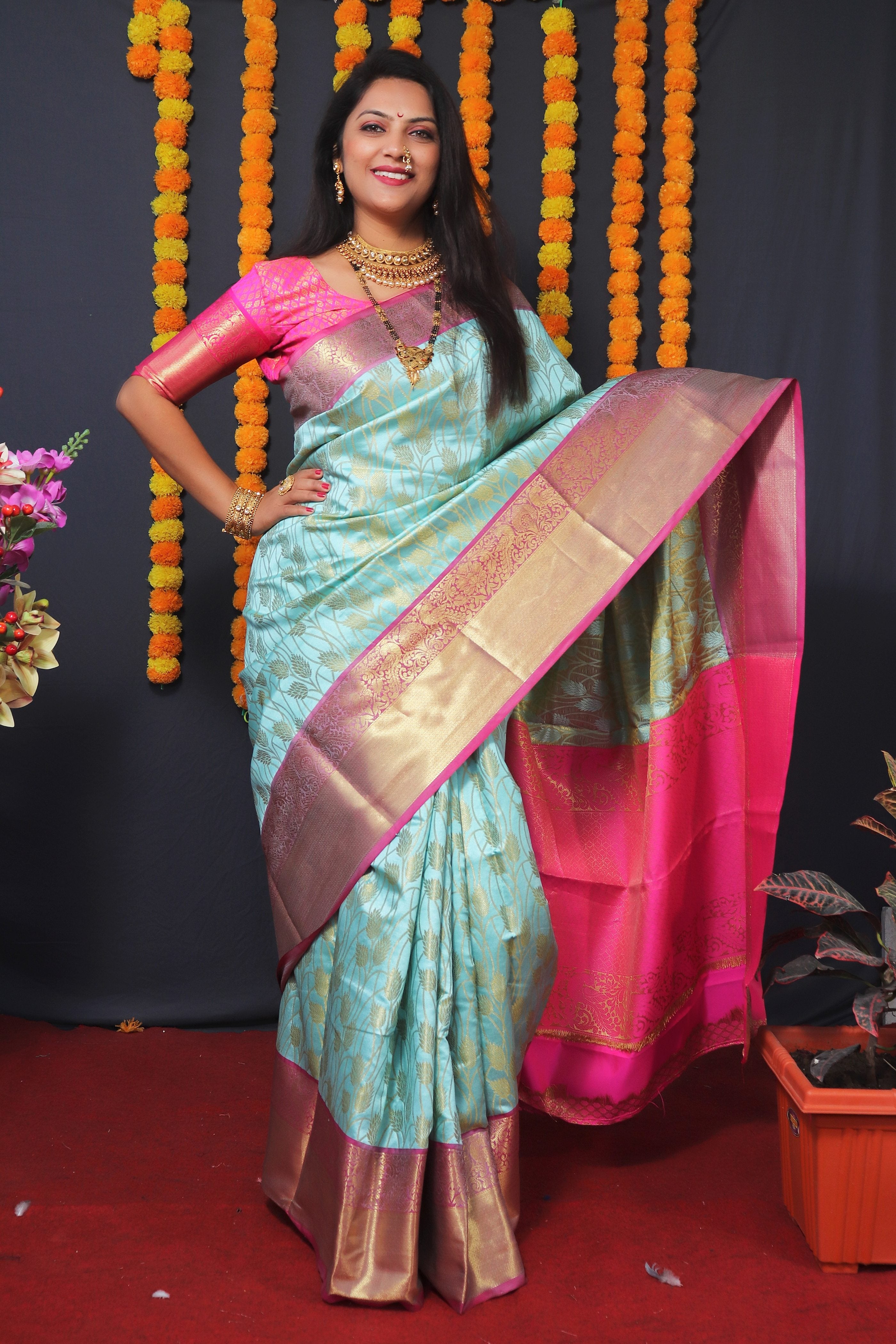 Women's Firozi Kanchipuram Silk Zari Woven Saree With Blouse  (Saree Blouse Without stitch) - Aastha Fashion