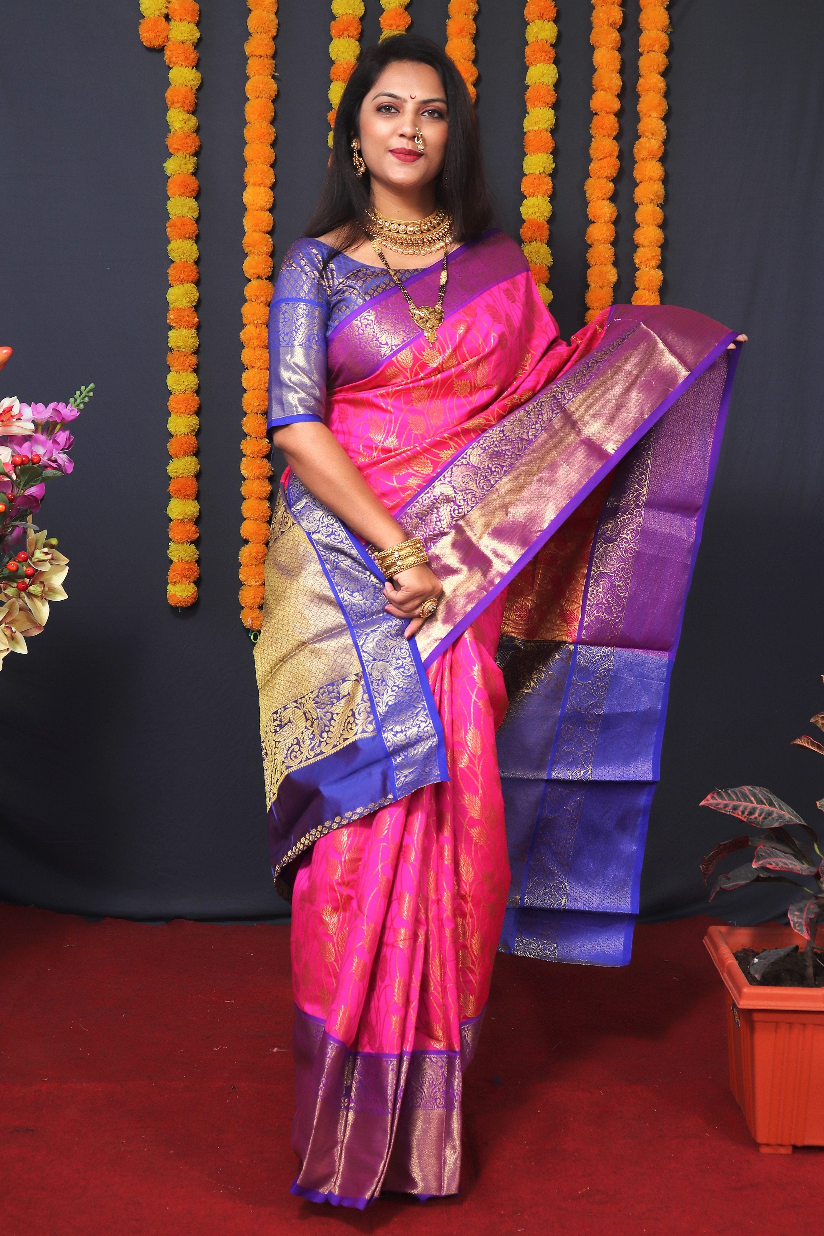 Women's Pink Kanchipuram Silk Zari Woven Saree With Blouse  (Saree Blouse Without stitch) - Aastha Fashion