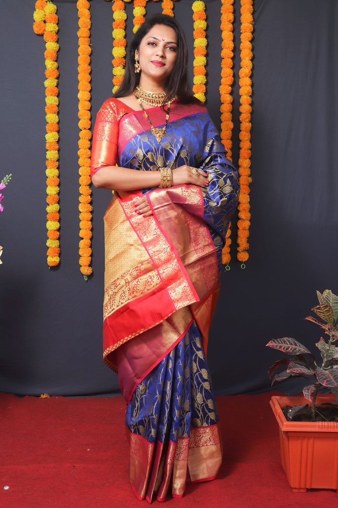 Women's Blue Kanchipuram Silk Zari Woven Saree With Blouse  (Saree Blouse Without stitch)