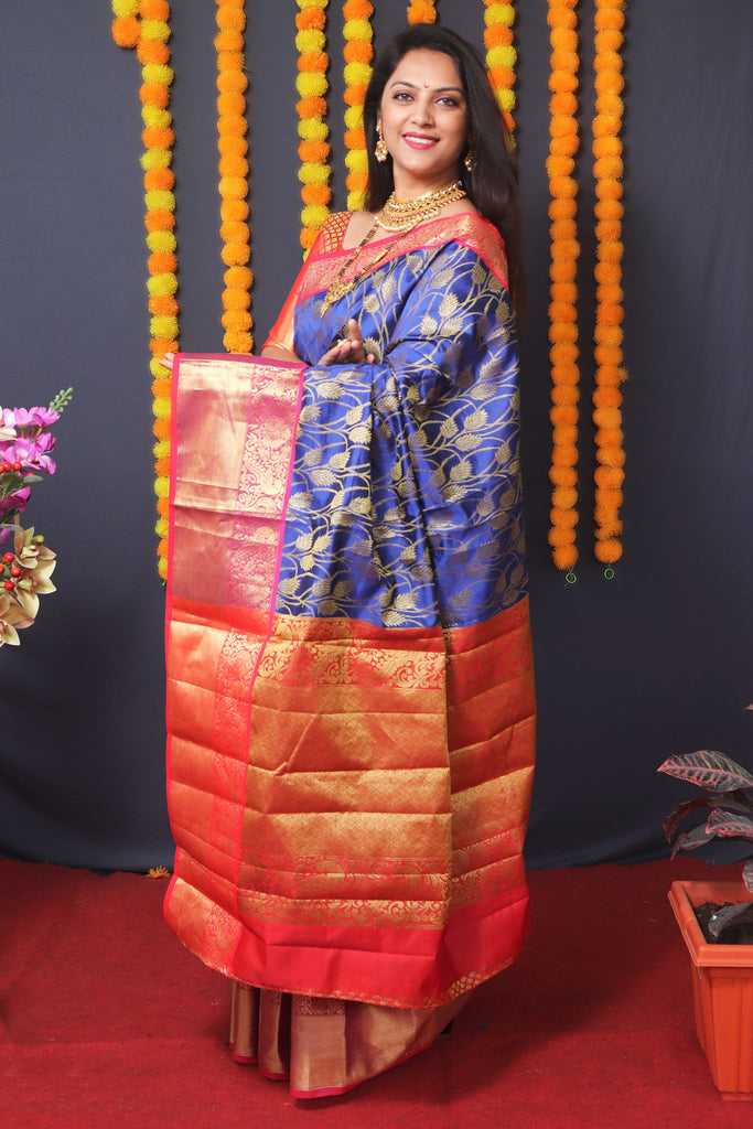 Women's Blue Kanchipuram Silk Zari Woven Saree With Blouse  (Saree Blouse Without stitch)