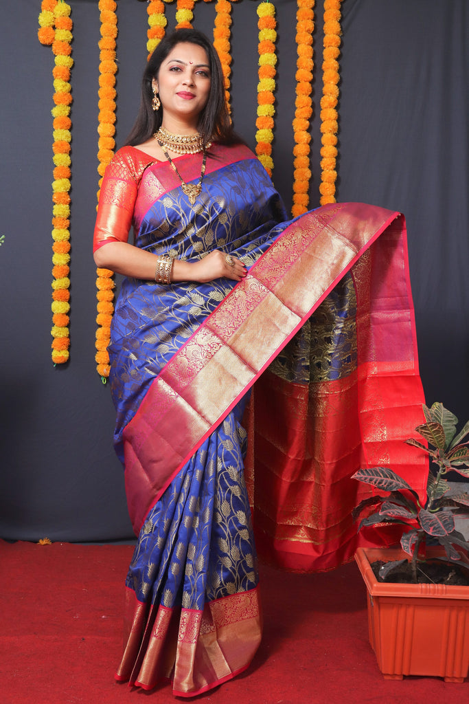Women's Blue Kanchipuram Silk Zari Woven Saree With Blouse  (Saree Blouse Without stitch)