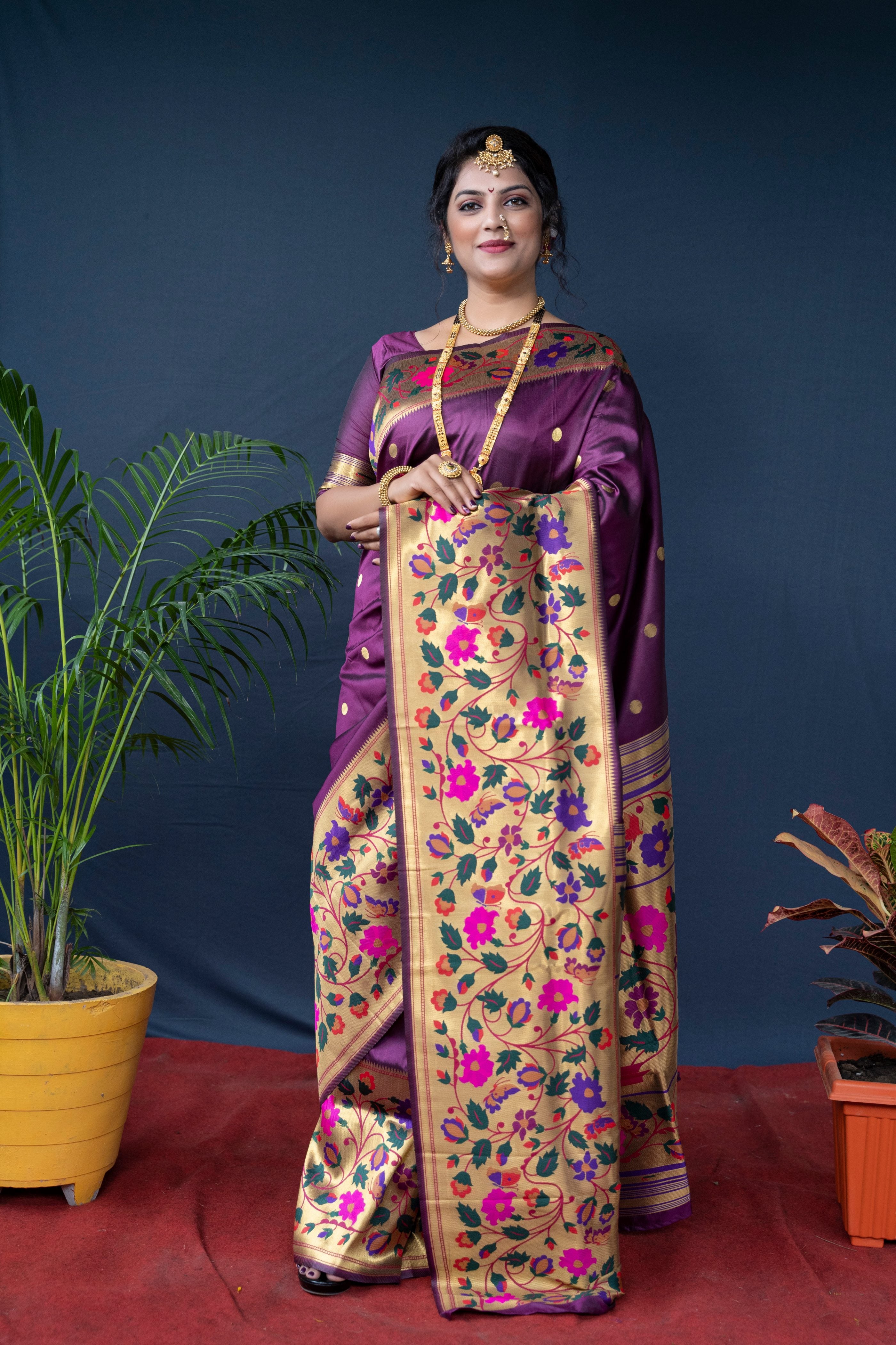 Women's Wine Paithani Silk Zari Woven Saree With Blouse  (Saree Blouse Without stitch) - Aastha Fashion