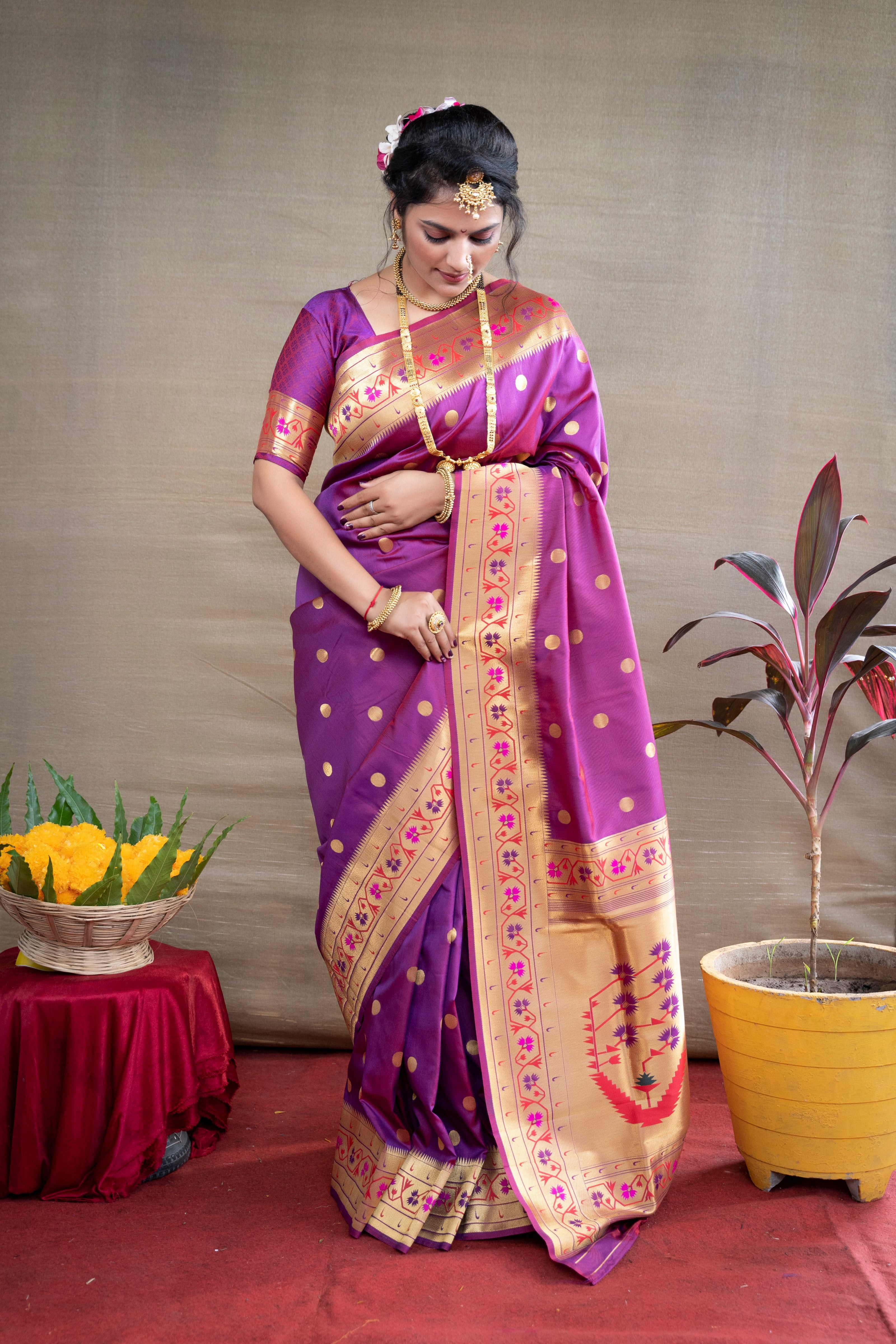 Women's Purple Paithani Silk Zari Woven Saree With Blouse  (Saree Blouse Without stitch) - Aastha Fashion