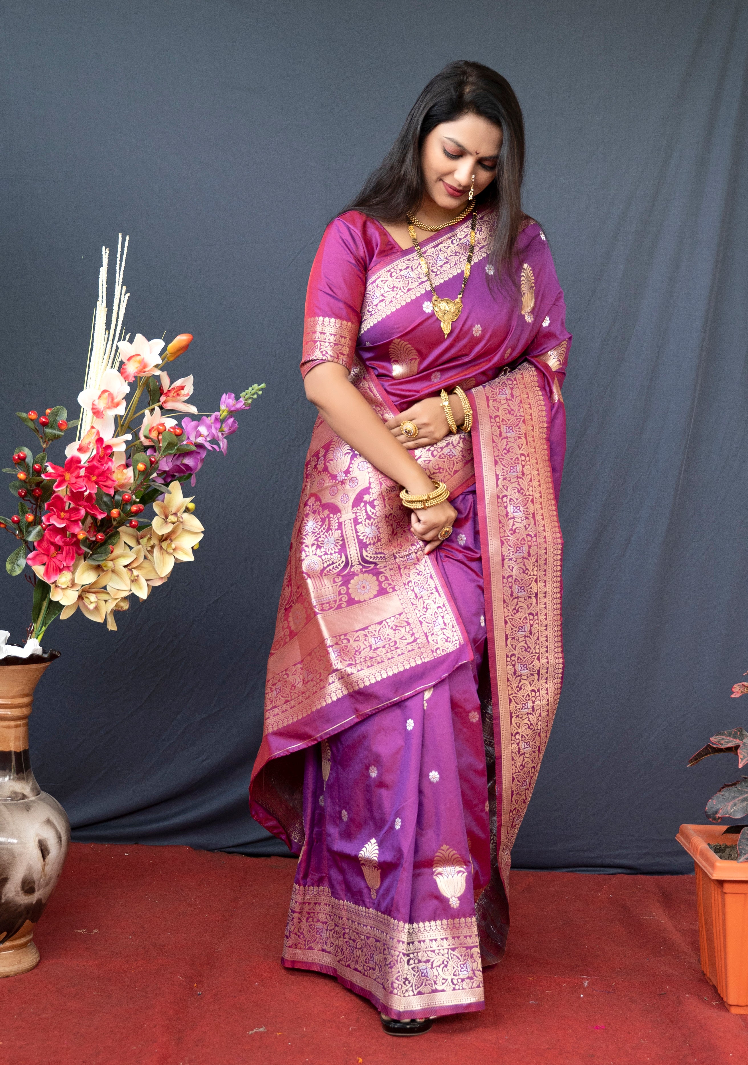 Women's Purple Banarasi Silk Zari Woven Saree With Blouse  (Saree Blouse Without stitch) - Aastha Fashion