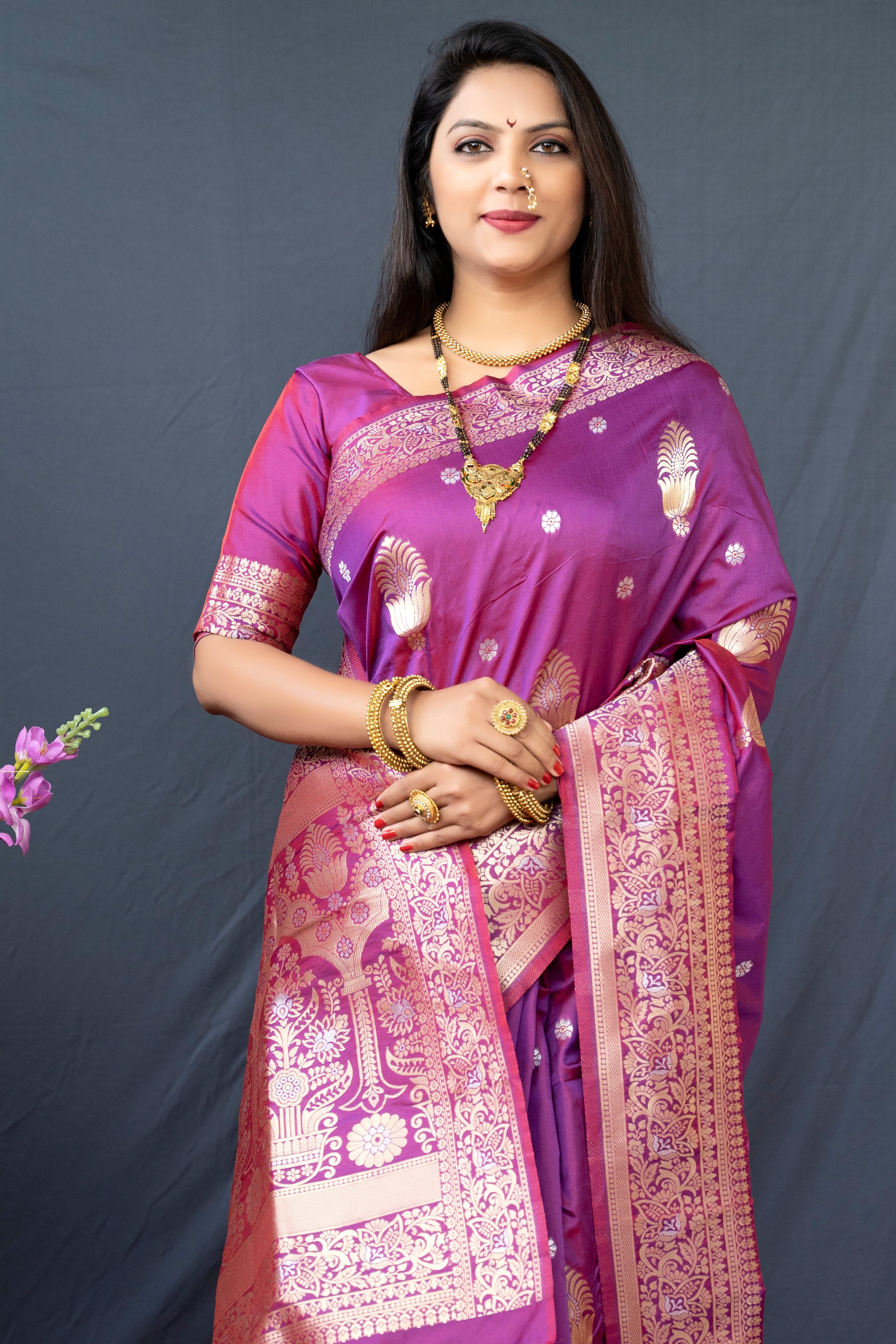Women's Purple Banarasi Silk Zari Woven Saree With Blouse  (Saree Blouse Without stitch) - Aastha Fashion