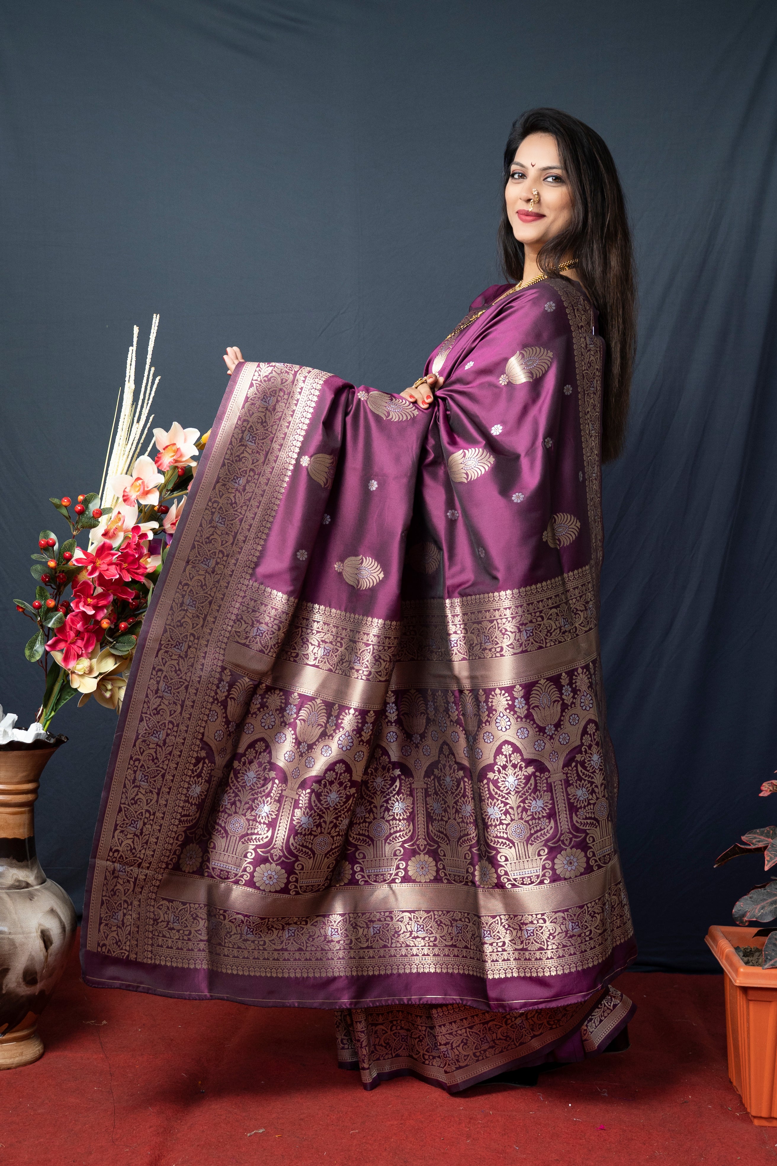 Women's Wine Banarasi Silk Zari Woven Saree With Blouse  (Saree Blouse Without stitch) - Aastha Fashion
