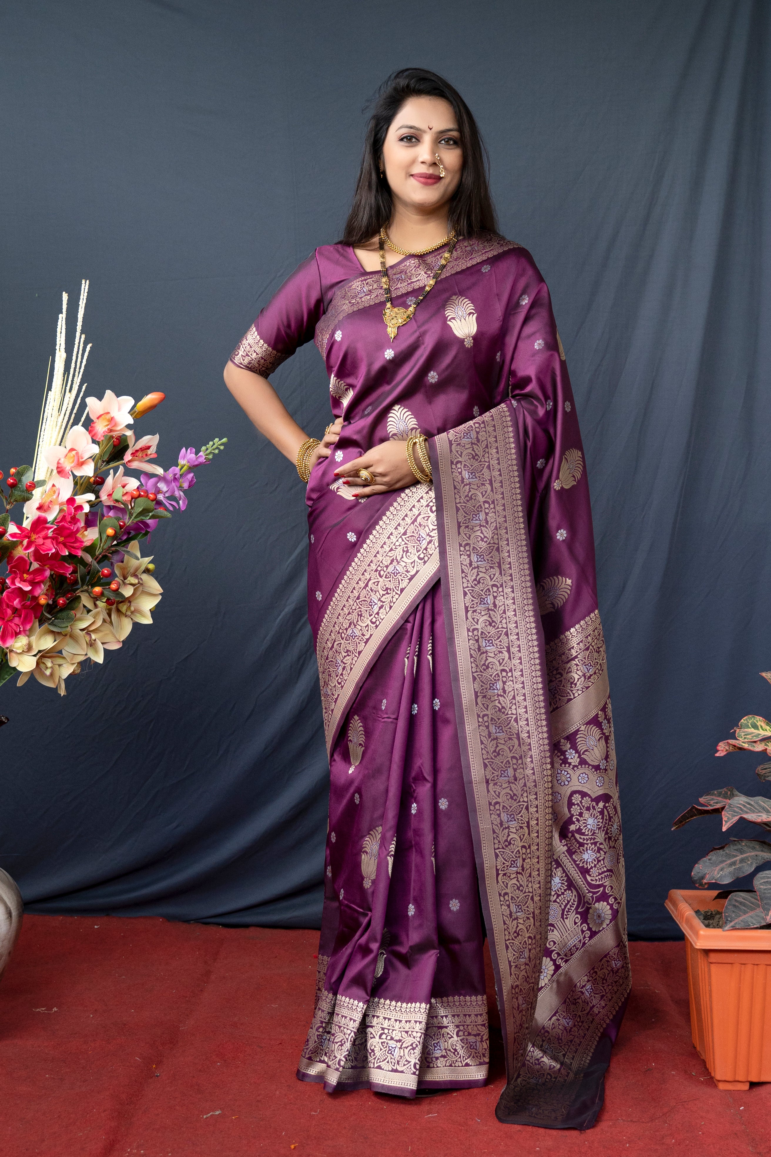 Women's Wine Banarasi Silk Zari Woven Saree With Blouse  (Saree Blouse Without stitch) - Aastha Fashion