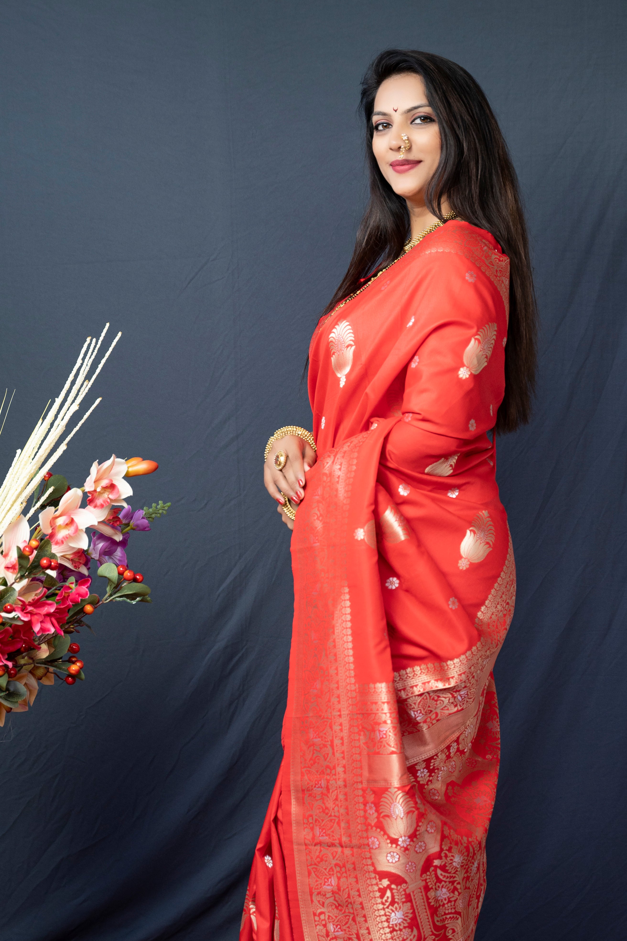 Women's Orange Banarasi Silk Zari Woven Saree With Blouse  (Saree Blouse Without stitch) - Aastha Fashion