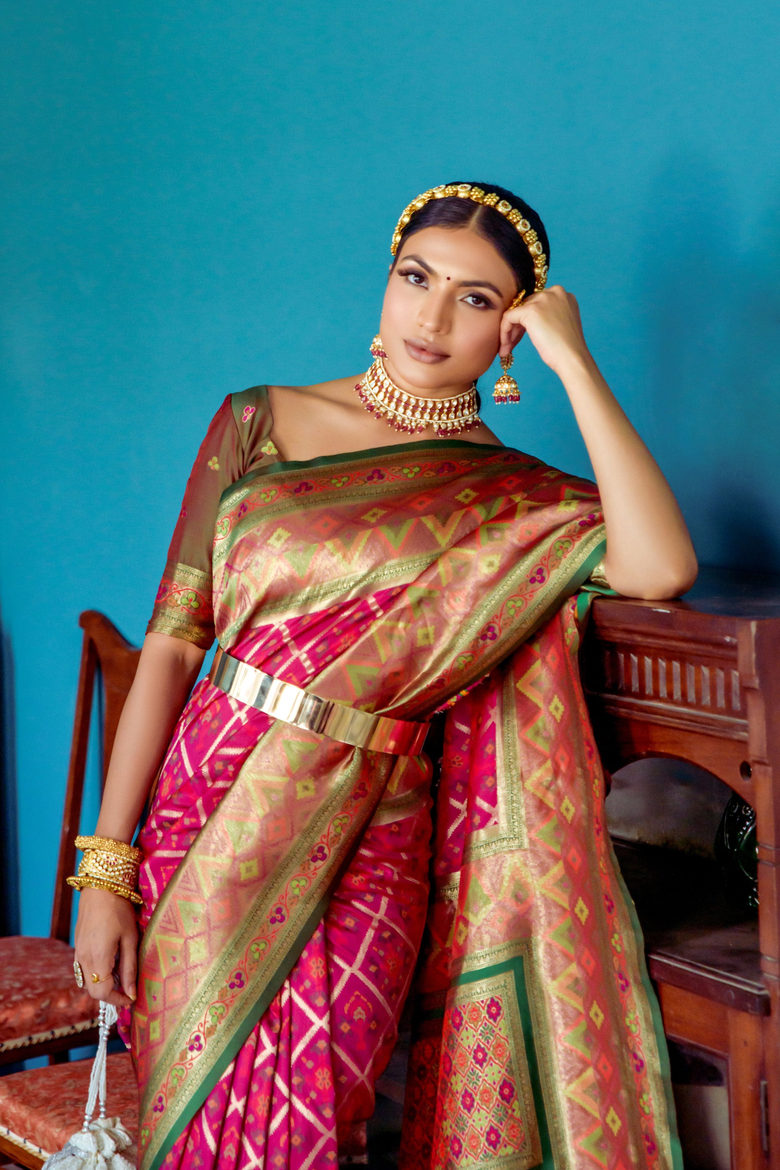 Women's Wine Banarasi Silk Patola Print With Woven Saree With Blouse  (Saree Blouse Without stitch) - Aastha Fashion