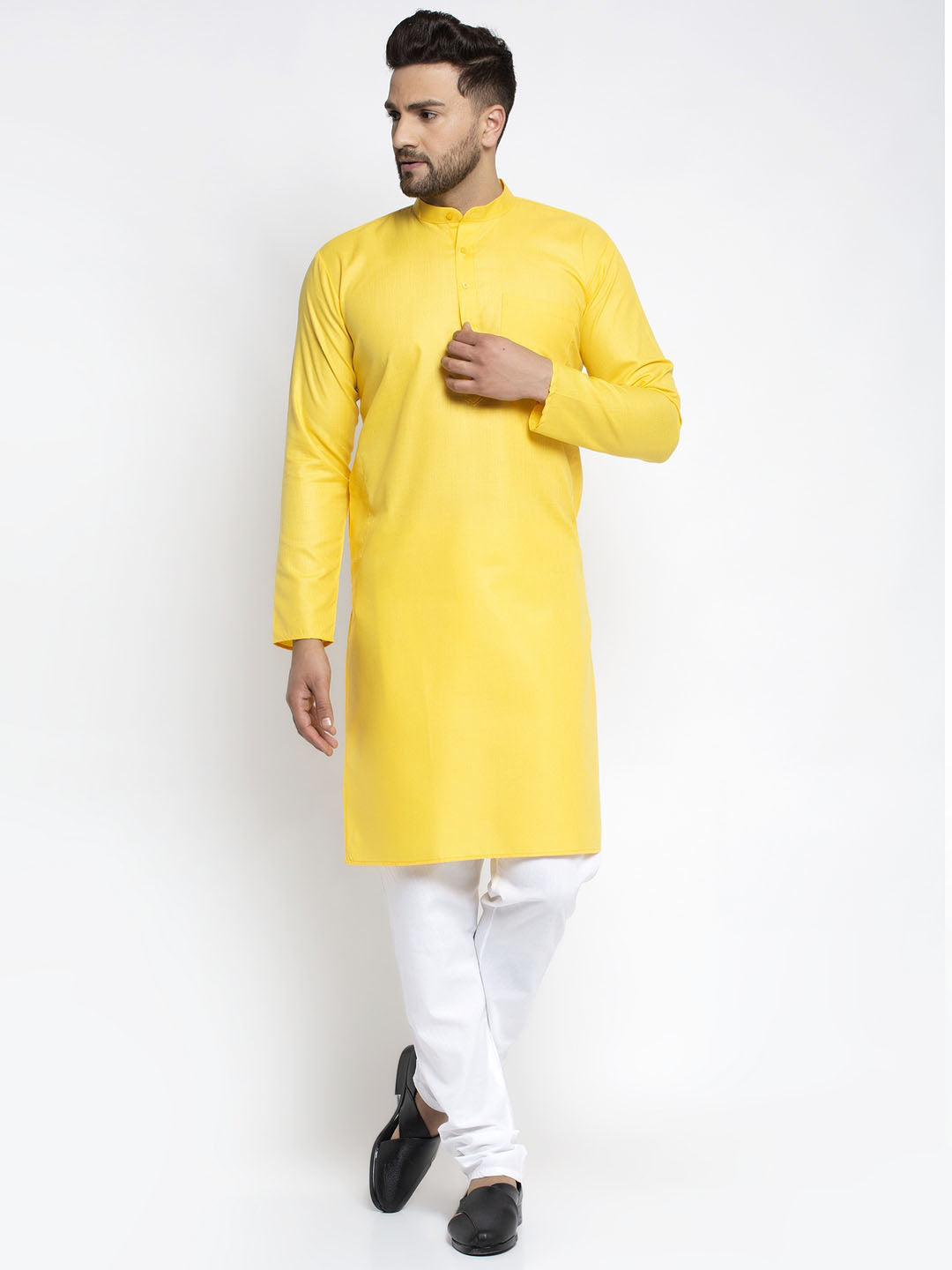 Men's Lemon Cotton Solid Kurta Payjama Sets ( JOKP 611 Lemon ) - Virat Fashions