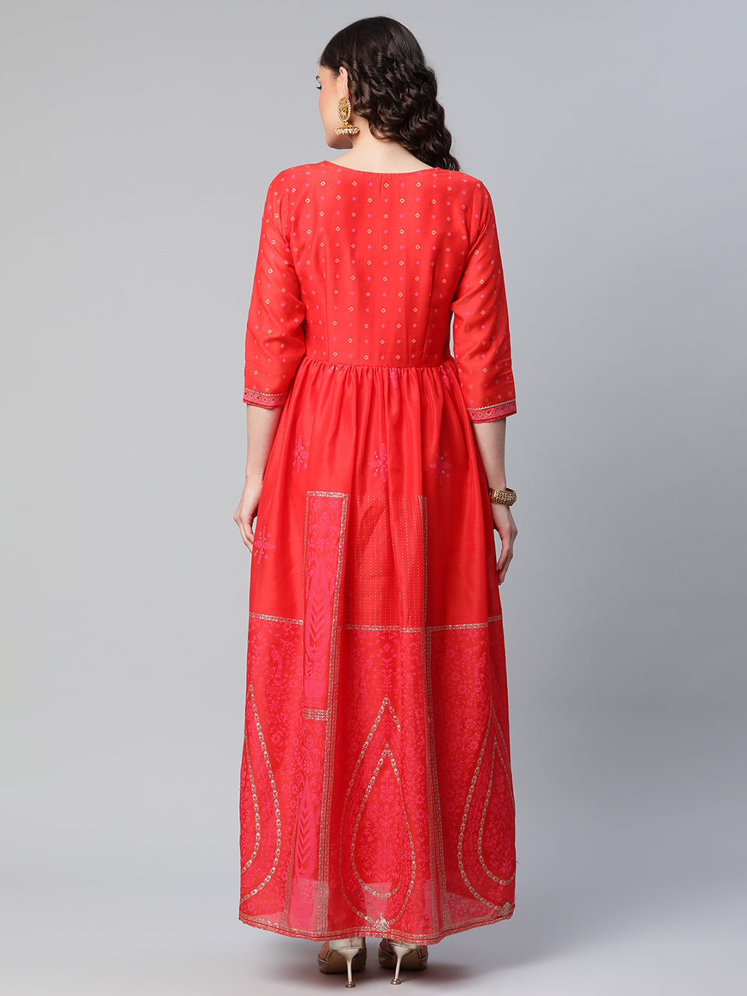 Women's Red Chanderi Khari Printed Dress - Ahalyaa