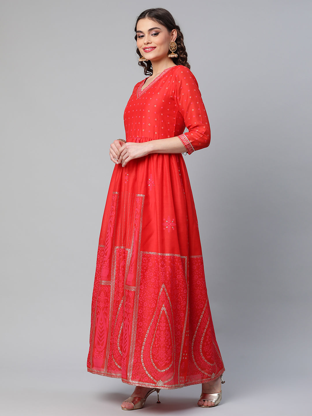 Women's Red Chanderi Khari Printed Dress - Ahalyaa