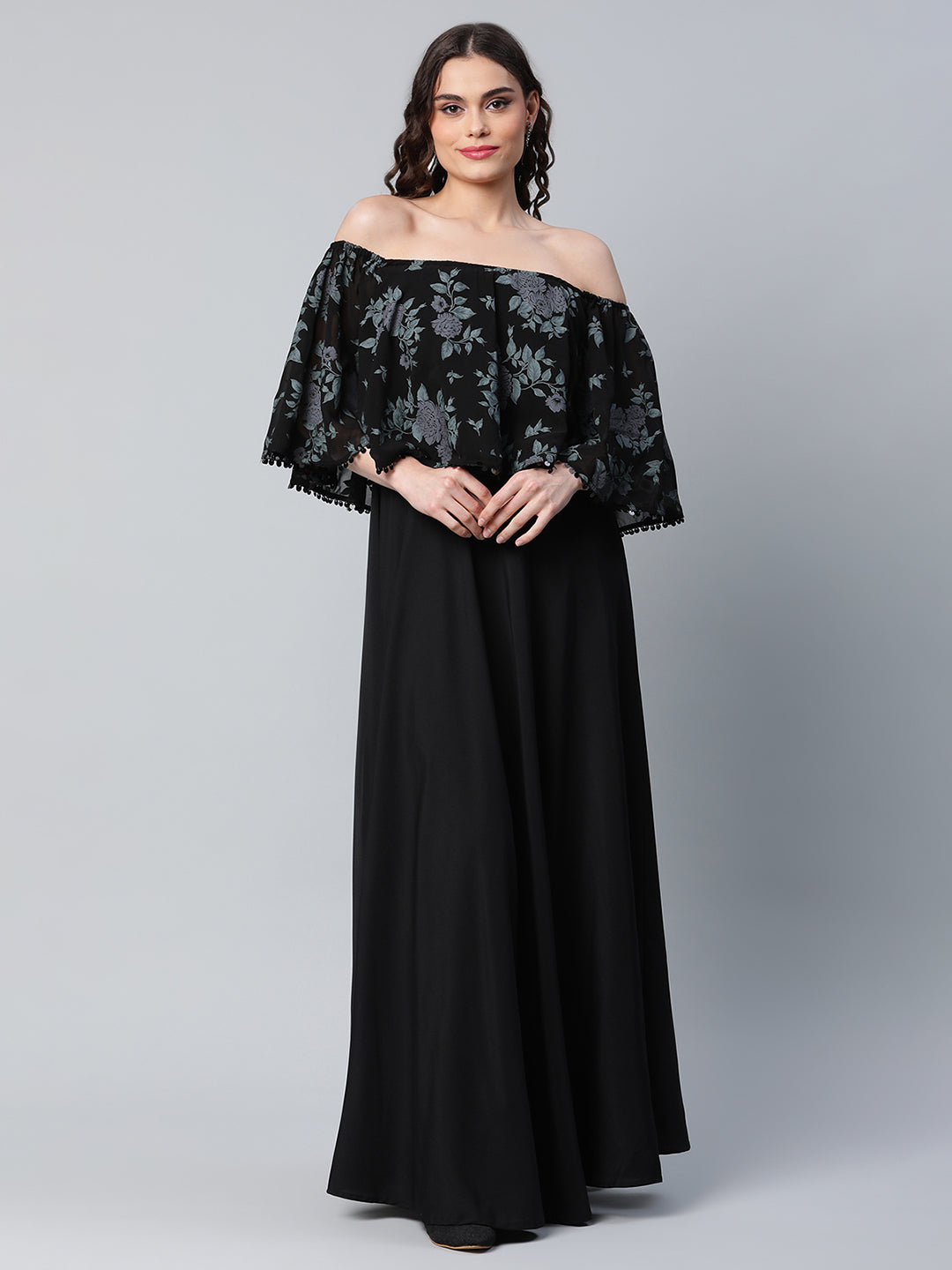 Women's Crepe Printed Black Dress - Ahalyaa