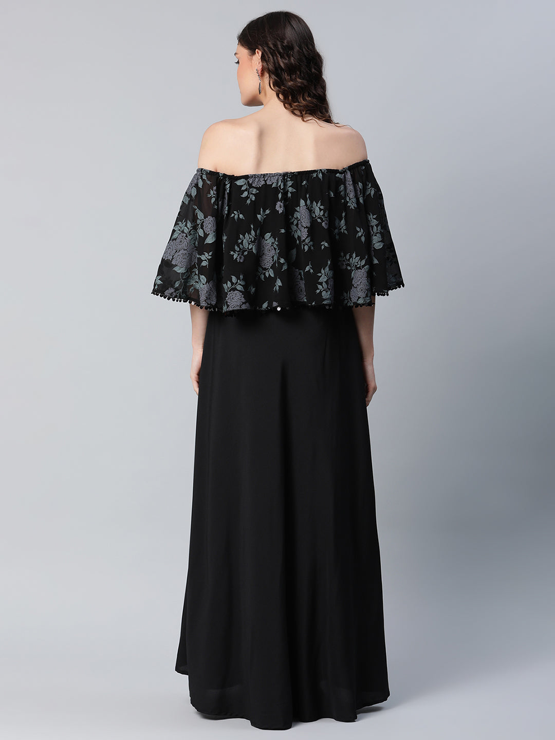 Women's Crepe Printed Black Dress - Ahalyaa