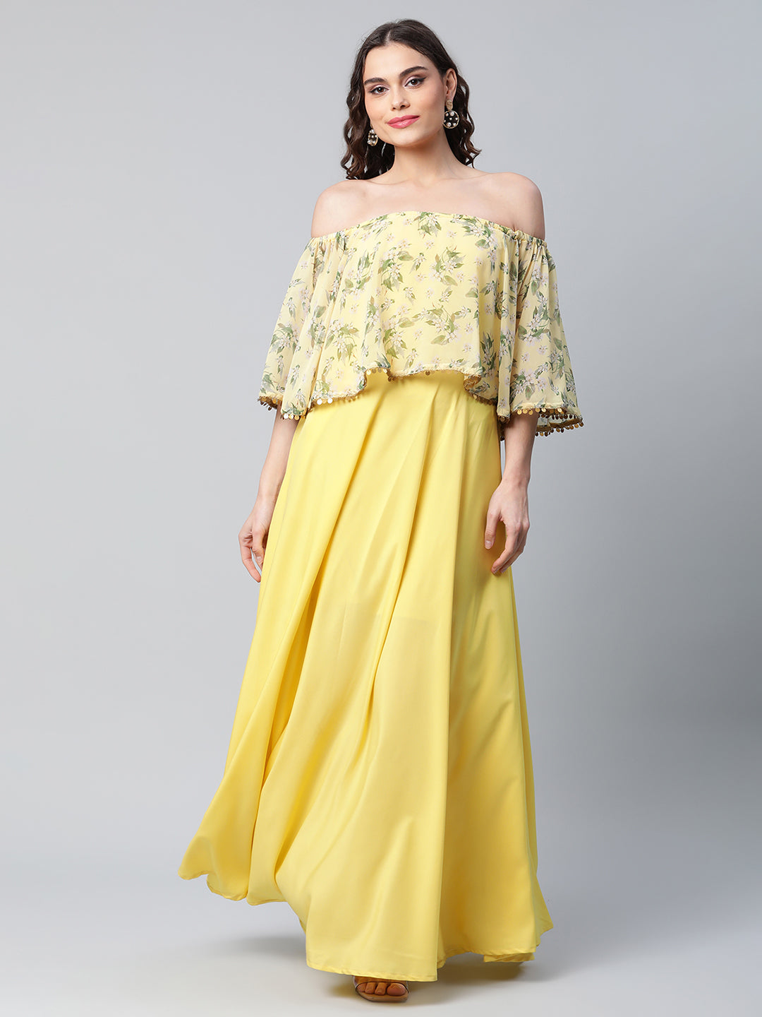 Women's Crepe Printed Yellow Dress - Ahalyaa