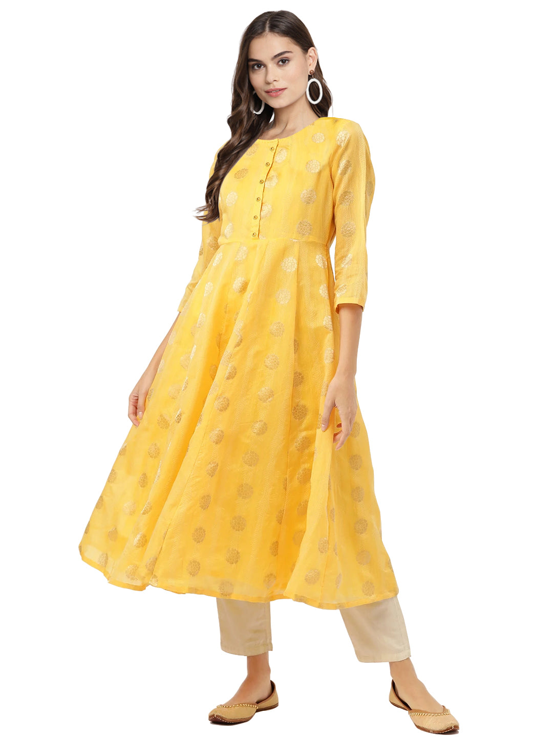 Women's Yellow Chanderi Jacquard Woven Dress - Ahalyaa