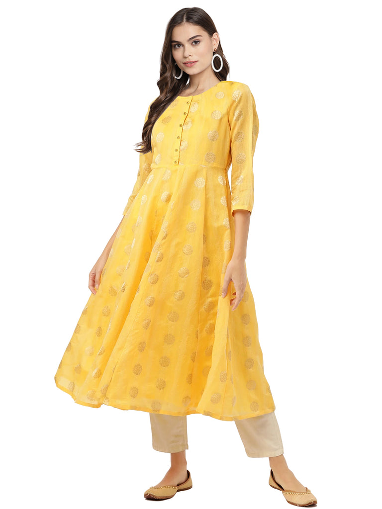 Women's Yellow Chanderi Jacquard Woven Dress