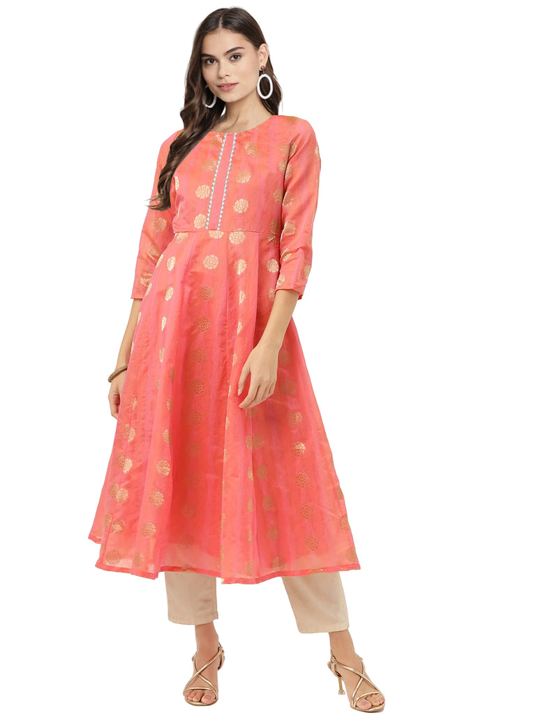 Women's Peach Chanderi Jacquard Woven Dress