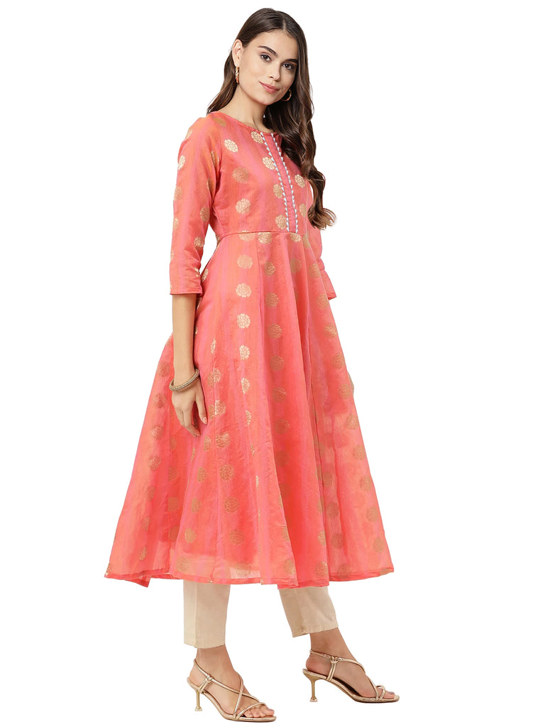 Women's Peach Chanderi Jacquard Woven Dress