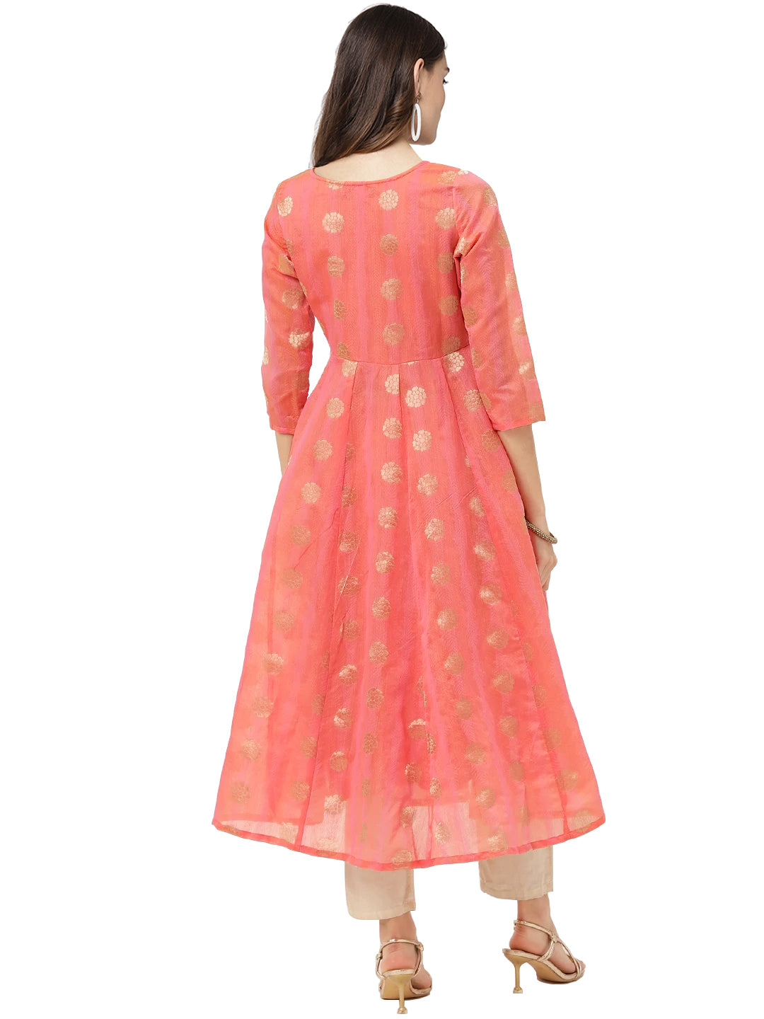Women's Peach Chanderi Jacquard Woven Dress - Ahalyaa