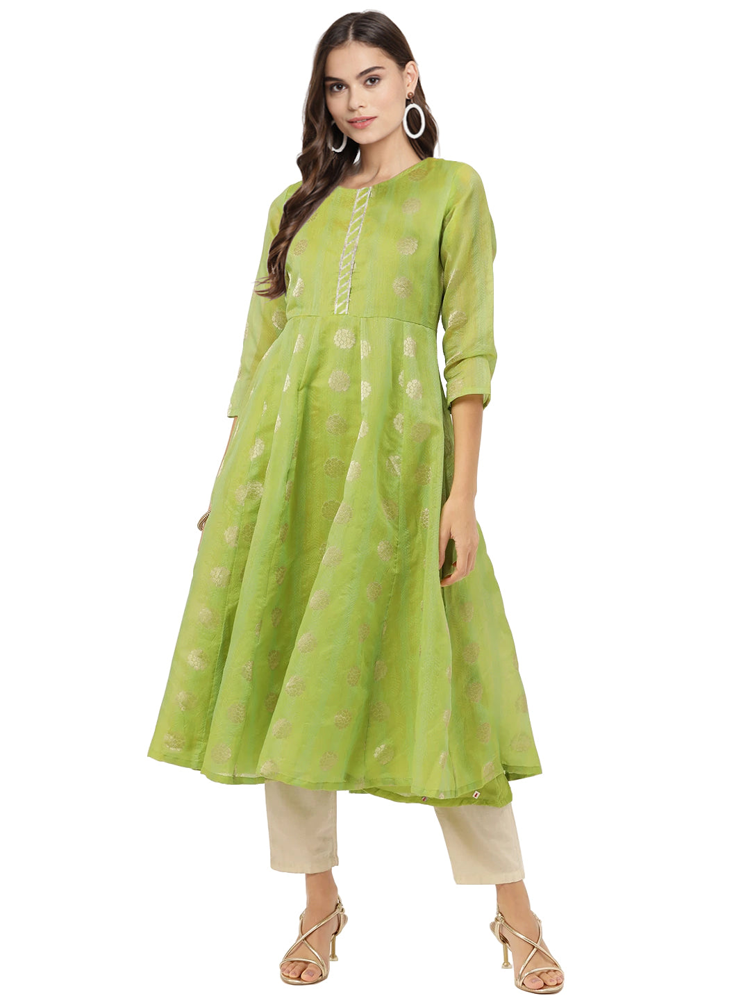 Women's Green Chanderi Jacquard Woven Dress - Ahalyaa
