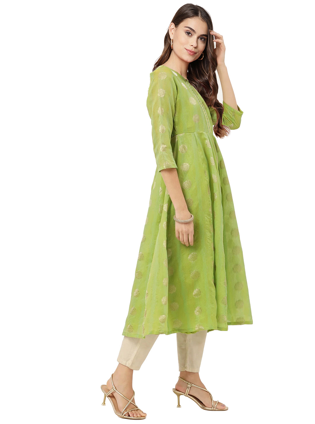 Women's Green Chanderi Jacquard Woven Dress - Ahalyaa