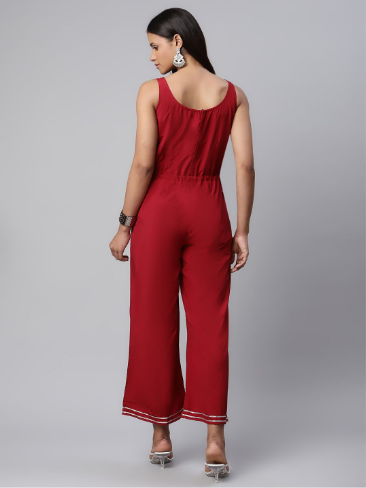 Women's Maroon Chiffon Printed Jumpsuit - Ahalyaa