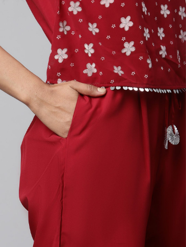 Women's Maroon Chiffon Printed Jumpsuit - Ahalyaa