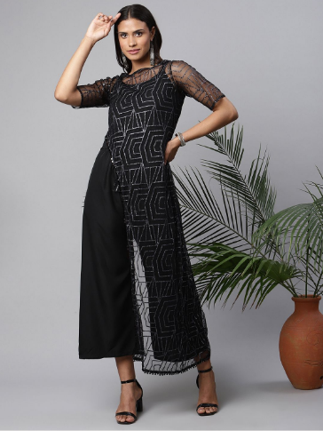 Women's Black Crepe & Net Glitter Print Jumpsuit - Ahalyaa