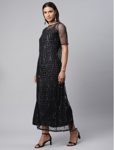 Women's Black Crepe & Net Glitter Print Jumpsuit - Ahalyaa