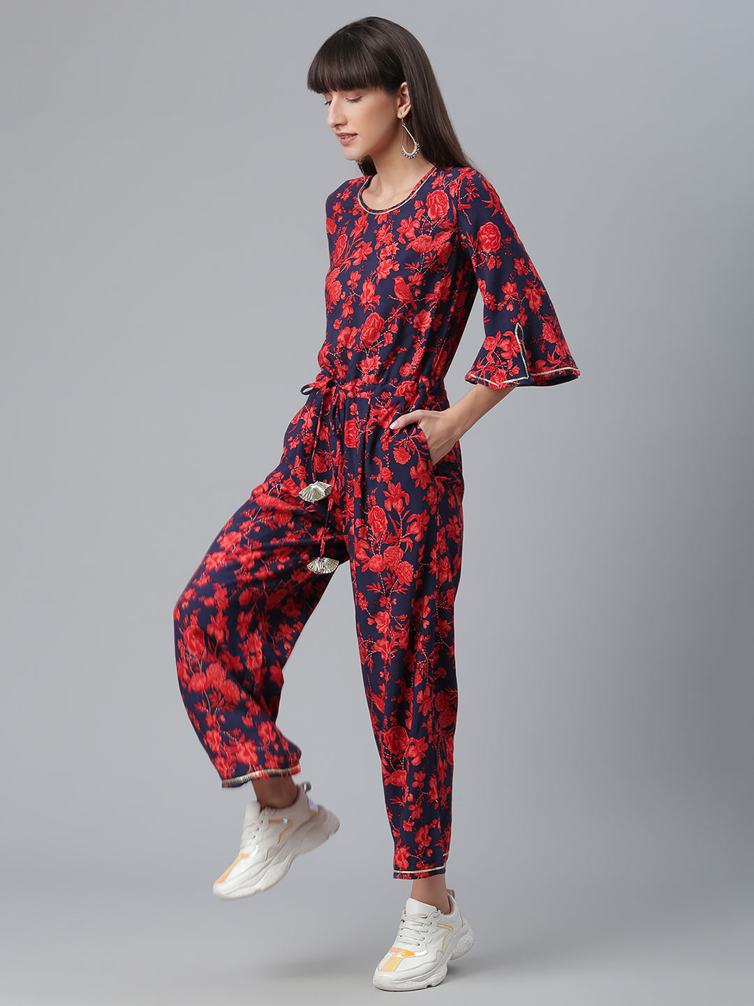 Women's Navy & Red Rayon Printed Jumpsuit - Ahalyaa