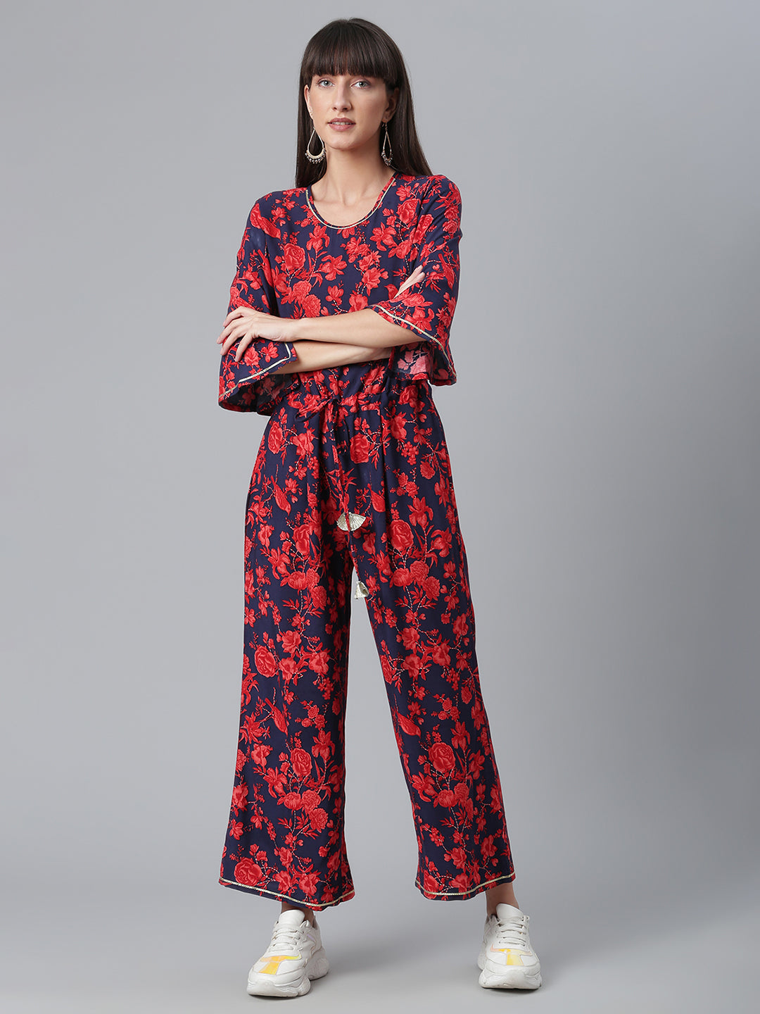 Women's Navy & Red Rayon Printed Jumpsuit - Ahalyaa