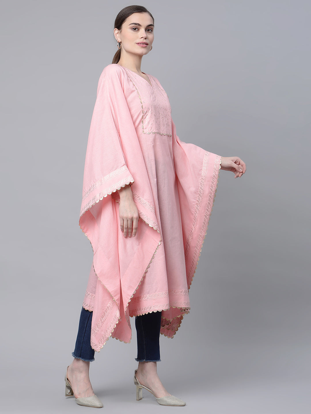 Women's Light Pink Cotton Printed Flared Sleeve Kaftan Kurta By Ahalyaa- 1Pc