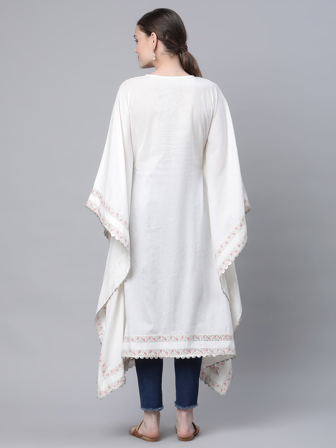 Women's Off White Cotton Printed Flared Sleeve Kaftan Kurta By Ahalyaa- 1Pc