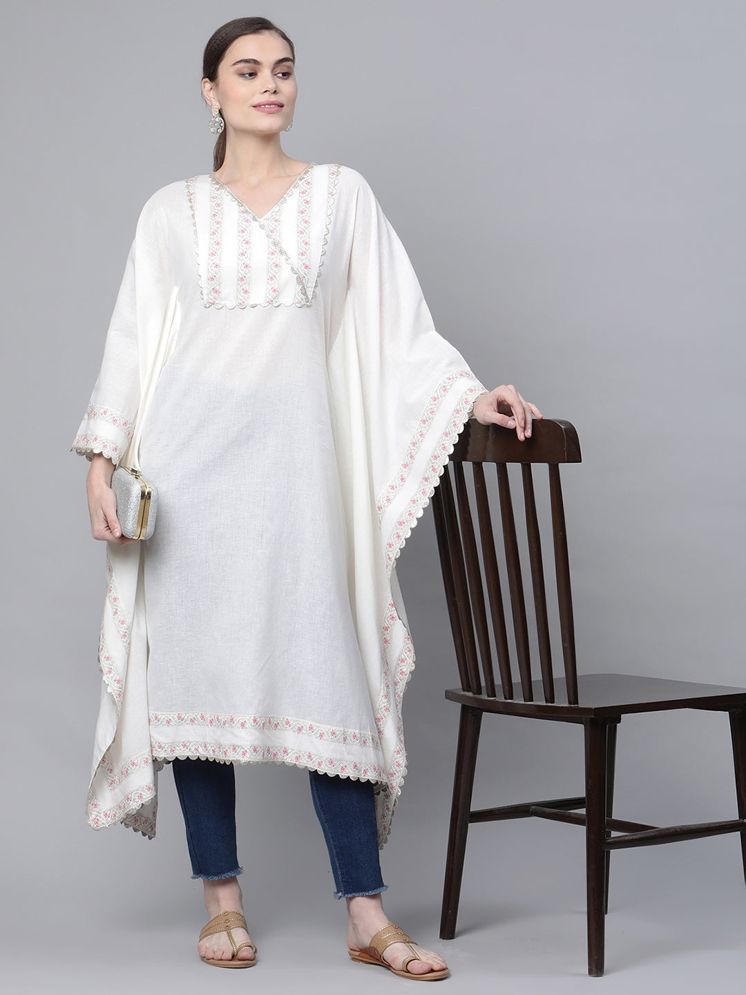 Women's Off White Cotton Printed Flared Sleeve Kaftan Kurta By Ahalyaa- 1Pc