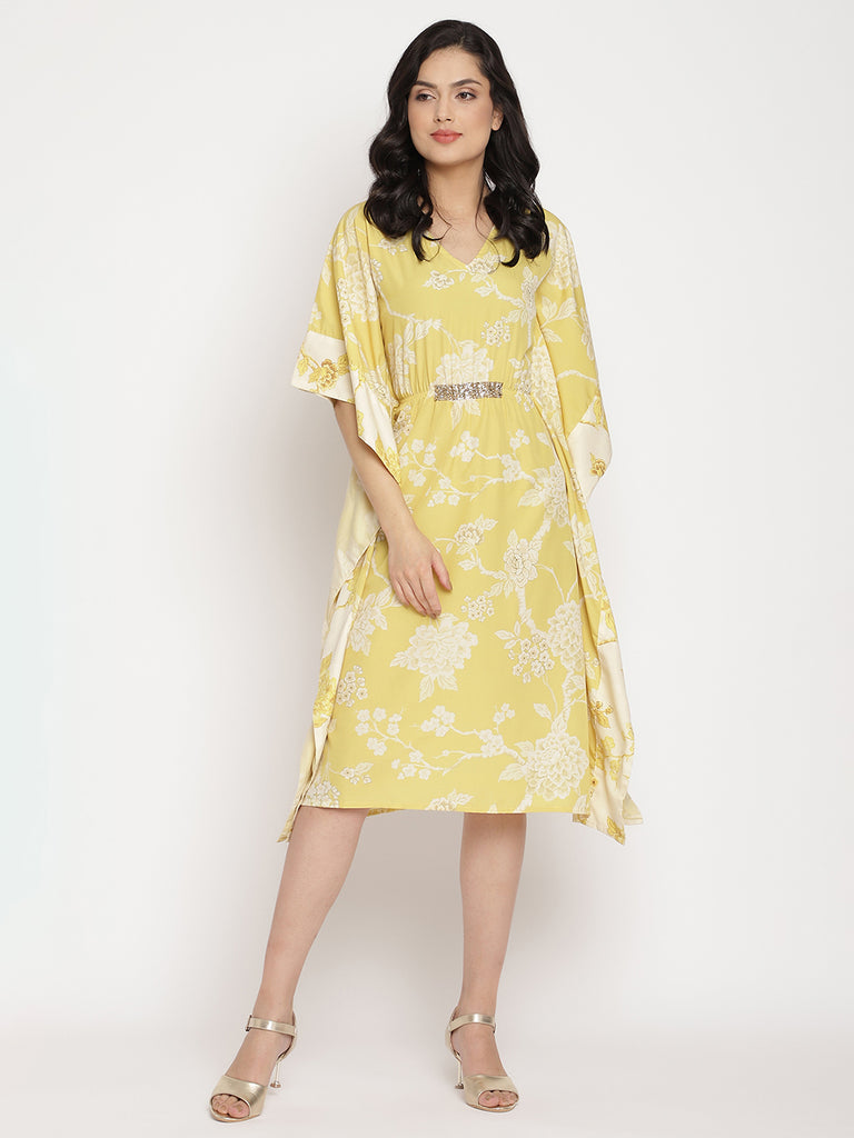 Women's Lime Green & Off White Floral Printed Flared Sleeves Floral Kaftan Kurt