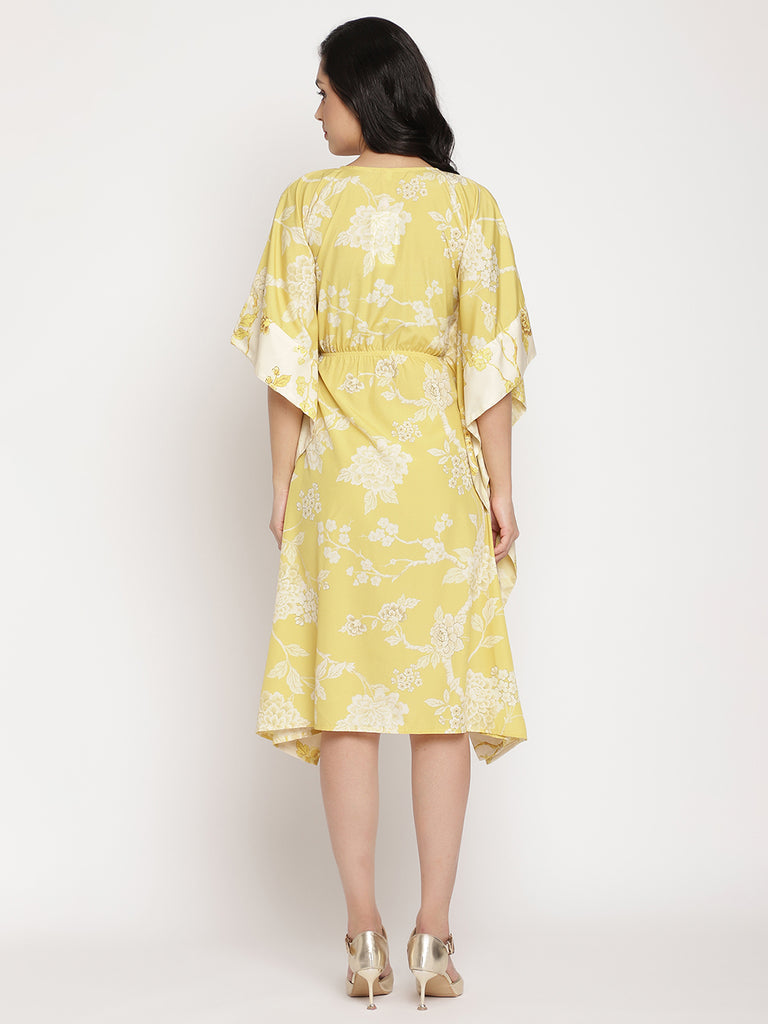 Women's Lime Green & Off White Floral Printed Flared Sleeves Floral Kaftan Kurt