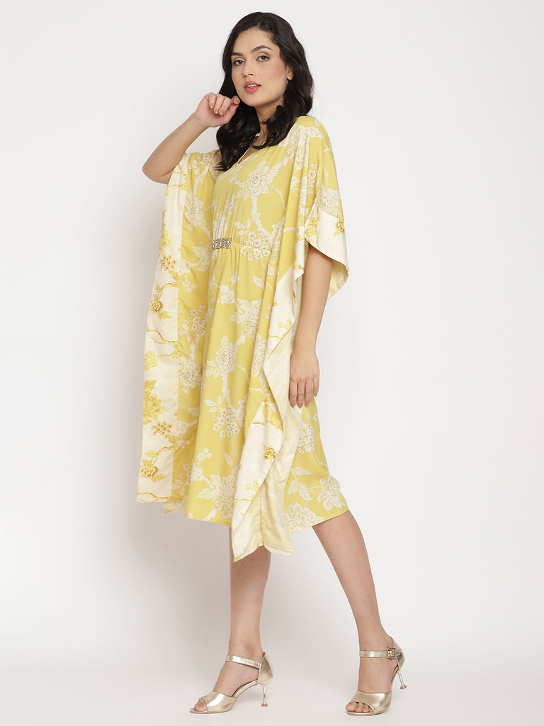 Women's Lime Green & Off White Floral Printed Flared Sleeves Floral Kaftan Kurt