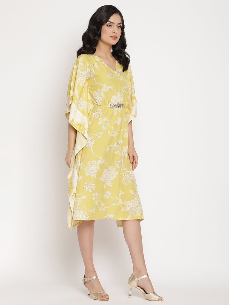 Women's Lime Green & Off White Floral Printed Flared Sleeves Floral Kaftan Kurt